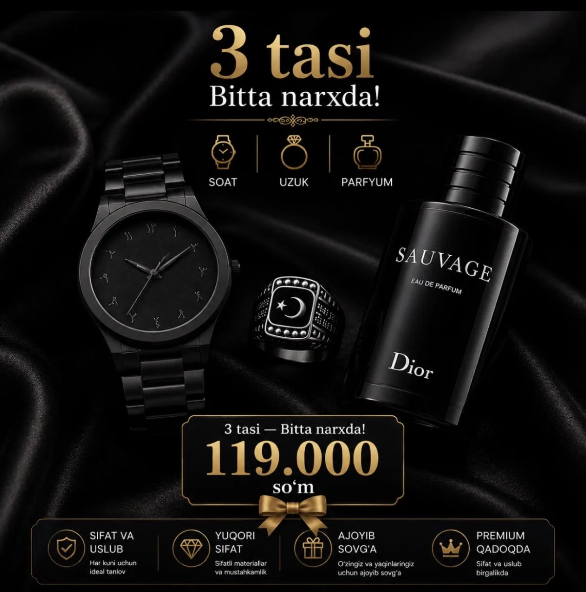 📦 Premium Komplekt ⌚ Soat + Uzuk + Sauvage atir
