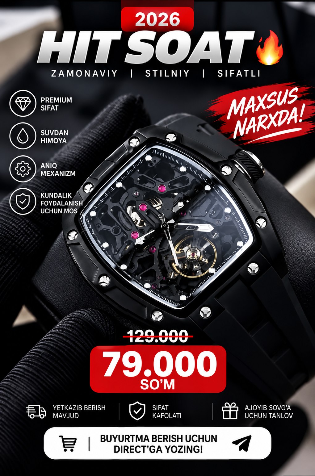 📦 �� Richard Mille uslubidagi Skeleton soat